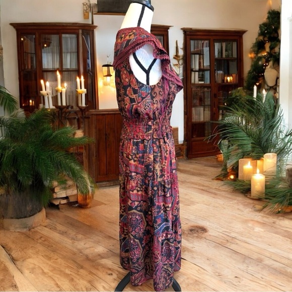 TAHARI ASL Print Lace Trim Tiered Midi Dress - Size 8 - Picture 5 of 16